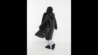 STRADIVARIUS Shiny Longline Padded Puffer Coat Wetlook Black Women  Asos [upl. by Vitkun]