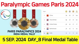 DAY 8 🥇PARIS 2024 PARALYMPIC GAMES MEDAL TALLY Update as of 5 Sept 2024  Medal Standings Table [upl. by Garv357]