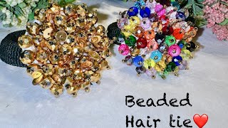 Beautiful beaded hair tieBeaded hair accessories making at homediy hair ties 🤩 [upl. by Soelch495]