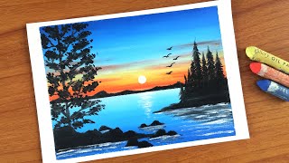 Easy Oil pastel Sunset Scenery painting for beginners  Oil Pastel Drawing Tutorial [upl. by Eanil549]