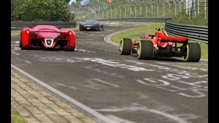 F1 Ferrari SF71H 18 vs Ferrari F80 vs Bugatti Chiron vs MercedesBenz Vision GT at Nordschleife [upl. by Eednam64]