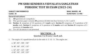 CLASS9 MATHS  PT3 Exam Qestion Paper KV CBSE Periodic Test3 For Kendriya Vidyalaya Students [upl. by Sinnal]