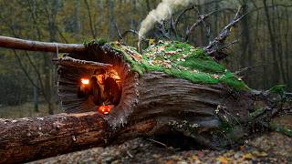 Building a Warm and Cozy Hollow for Survival in the root of a fallen spruce Secret cave Bushcraft [upl. by Dronski]