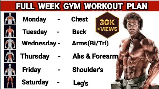 Full Week Gym Workout Plan For Muscles Gain  Perfect Plan For Best Results  7 Days Plan [upl. by Onitsirc]