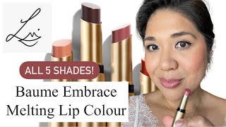 NEW LISA ELDRIDGE BAUME EMBRACE MELTING LIP COLOURS  ALL 5 SHADES SWATCHES [upl. by Flss]