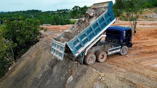 Technique Skills Land Filling On The Mountains With 10 Wheels Trucks Unloading amp Dozer D37E Pushing [upl. by Hart]