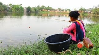 Fishing Video  The beautiful fisher girl is catching fish using eggs in the village pond [upl. by Cozmo]