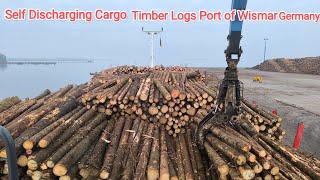 Port of Wismar Germany Self Discharging Cargo Timber Logs Discharge by Shore Truck [upl. by Bourne]