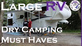 32 Dry Camping with a Large RV – Our Favorite MustHave Items generator LED bulbs Lantern Fan [upl. by Kienan]