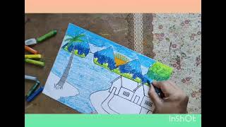 easy beautiful scenery landscape painting with oil pastel colours for kidshow to draw scenery [upl. by Werdnael]