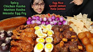 Eating Chicken Kosha Mutton Kosha Egg Masala Fry Sweets  Big Bites  Asmr Eating  Mukbang [upl. by Roos]