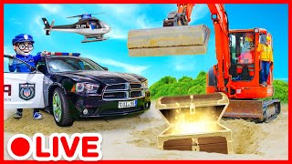 🔴 LIVE  EXCAVADORAS Y COCHES DE POLICIA PARA NIÑOS  Los niños juegan a fingir ⛑ Kidibli [upl. by Rehsa]