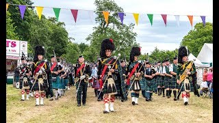 Drumtochty Highland Games 2018 afternoon parade by the massed Pipe Bands in Auchinblae Scotland [upl. by Oicnecserc]