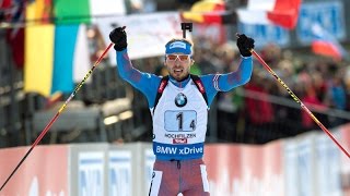 Biathlon  Hochfilzen Mens 4 x 75 km Relay  Anton Shipulins finish win over Emil Hegle Svendsen [upl. by Jaddo]