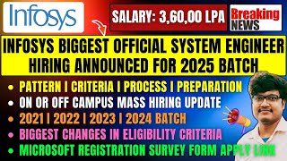 Finally Infosys Biggest System Engineer Hiring Announced 2025  OFFON Campus Hiring 20252021 Batch [upl. by Aelanna994]