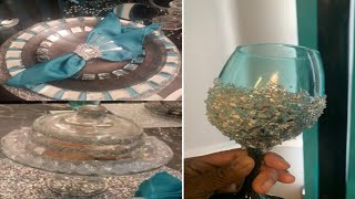 Crushed glass wine glasses Dollartree napkin rings diydiy glam cake stand [upl. by Dennard641]