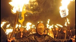 TORCHLIT MARCH IN KIEV BY UKRAINES RIGHTWING SVOBODA PARTY  BBC NEWS [upl. by Yedoc]