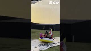 Skydiver LANDS on Inflatable Unicorn ring shorts [upl. by Manup807]