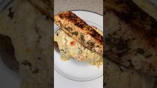 Salmon topped loaded baked potato shorts bakedpotato recipe shortsfeed [upl. by Eneres]