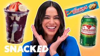 Blue Beetles Bruna Marquezine Breaks Down Her Favorite Snacks  Snacked [upl. by Oswell460]