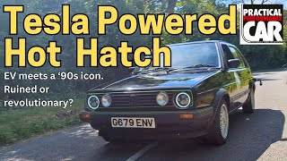 Tesla powered Volkswagen Golf GTI gets put through its paces Is it still a GTI Its up for debate [upl. by Honebein245]