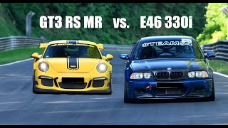 BMW E46 330i vs Porsche GT3 RS MR Nordschleife Trackday  Flyby [upl. by Kcirde]