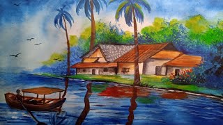 Village nature colorful drawing painting  Natural scenery drawing with watercolor [upl. by Assirt]