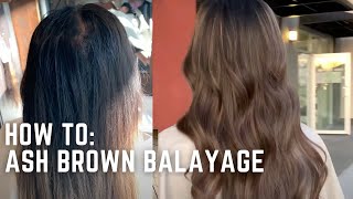 Ash Brown Balayage Tutorial  cool brunette highlights  brunette balayage on black hair [upl. by Anelrihs117]