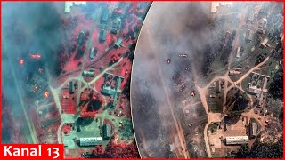 Before and after satellite images of ammunition depot in Russia struck by Ukrainian drones [upl. by Naivatco700]