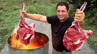 Recipe for Real Tomahawk Steaks on the Fire Making a Homemade Barrel Grill for Outdoor Cooking [upl. by Lannie]