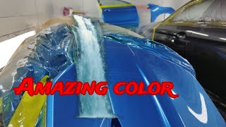 Wonderful blue pearl Tinsmith work Auto repair Car painting Glasurit base Iwata WS400 Clear RM [upl. by Lekym]