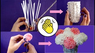 Cómo Hacer un FLORERO de Papel  Cestería con Periódico  DIY Cesta amp Flores [upl. by Ebony322]