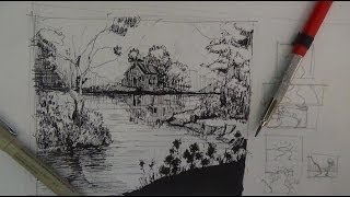 Pen amp Ink Drawing Tutorials  How to draw a river landscape scene [upl. by Eiryt]