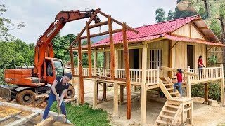 You Wont Believe This Woman Built Wooden Stilt House in 45 Days  Use Big Excavator To Build House [upl. by Naujtna]