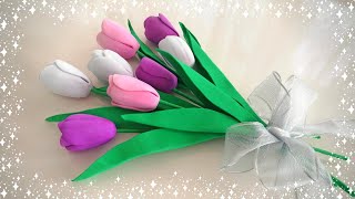 ÖĞRETMENLER GÜNÜ İÇİN HEDİYE ÇİÇEK BUKETİ 💐EVA KAĞIDINDAN KOLAY ÇİÇEK  LALE🌷 YAPIMI  DIY [upl. by Ulberto]