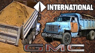 GMC Detroit Diesel and International CAT 3406 Dump Trucks Dumping Sand [upl. by Eiramyllek583]