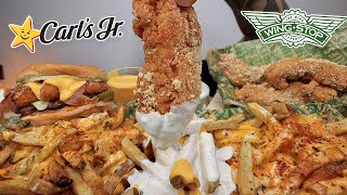 MUKBANG EATING WINGSTOP SAUCY VOODOO FRIES GARLIC PARMESAN CHICKEN CARLS JR EL DIABLO BURGER ASMR [upl. by Ylrevaw]