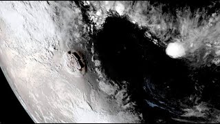 Hunga Tonga volcano erupts again triggers tsunami  Seen from space [upl. by Obidiah165]