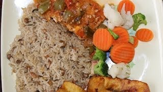 HOW  TO COOK REAL JAMAICAN SEARED SALMON AND RICE amp PEAS HOMEMADE RECIPE 2013 [upl. by Suoicserp369]