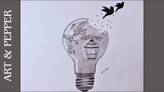 Creative Light Bulb Drawing step by step  Bulb Sketch with bird go outside [upl. by Siclari]