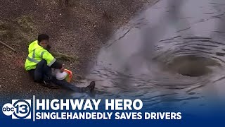 HIGHWAY HERO Faced with flood man singlehandedly saves motorists [upl. by Htebzile]