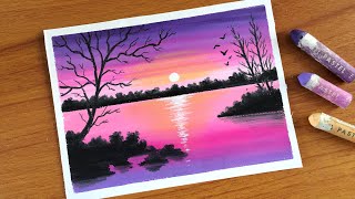 Easy Oil Pastel Pink Sunset Landscape Painting for beginners  Oil Pastel Drawing [upl. by Malley]