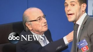 Security Reacts Quickly as FIFAs Sepp Blatter Approached by Demonstrator [upl. by Eillehs]