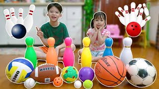 Kids Playing with Balls Compilation  Learn Different Sport Ball Names with Bowling Pins and More [upl. by Aiyram]