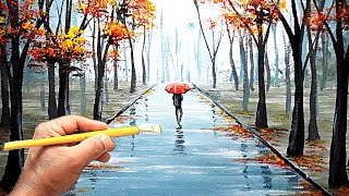 Como pintar paisagem de chuva com caminho de árvores  acrylic painting on canvas [upl. by Yrrep]