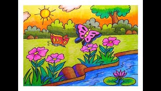 HOW TO DRAW BUTTERFLY SCENERY STEP BY STEPEASY BUTTERFLY AND FLOWE IN THE GARDEN SCENERY DRAWING [upl. by Lulita]