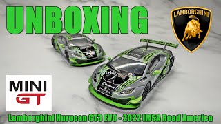 Mini GT Unboxing Lamborghini Huracán GT3 EVO 39 2022 IMSA Road America 2nd Place [upl. by Nosnaj98]