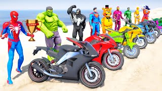 Motorcycles Challenge RACE on Cliff Roads with SuperheroesSpiderMan Goku Hulk Iron Man  GTA 5 [upl. by Ymme]