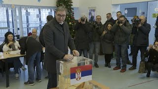 Serbian President expects landslide victory as he votes in election  AFP [upl. by Alyakem269]