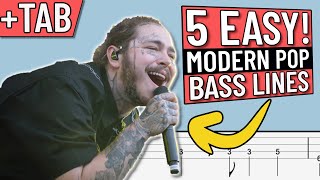 5 Absolute Beginner Bass Lines  Modern POP Edition with TAB on Screen [upl. by Arracot273]